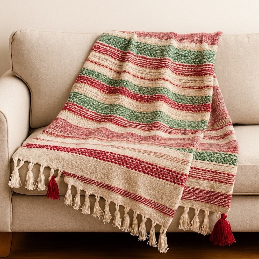 Max Studio Home Woven Throw Blanket Red Green Cream Metallic Fringe Tassels